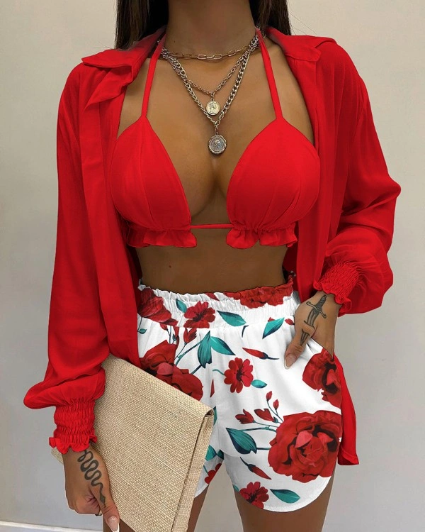 3PCS Lantern Sleeve Shirt & Floral Print Shorts Set With Crop Top
