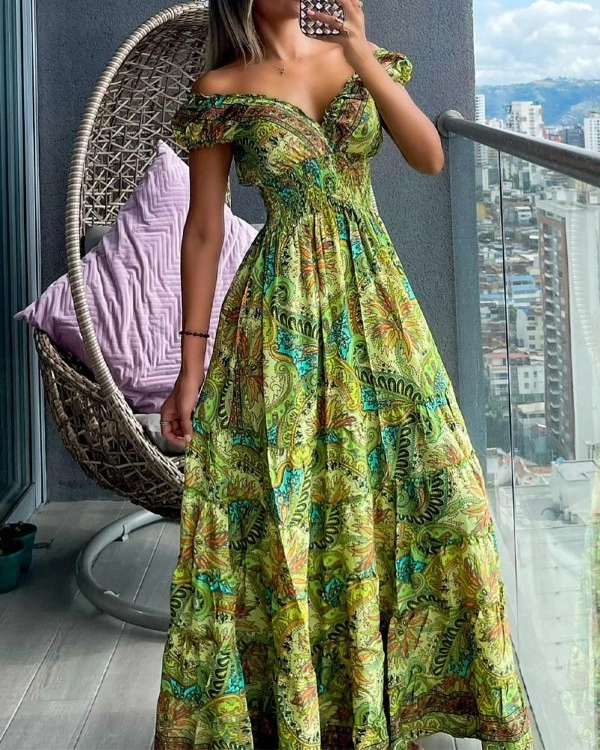 Paisley Print Shirred Short Sleeve Dress