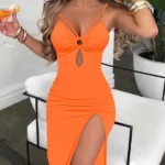 Casual Sleeveless Hollow Out Bodycon Dress Side High Slit Slim Fit Party Slip Dresses
