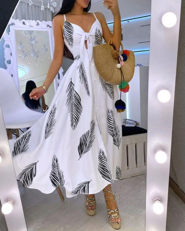 Leaf Print Knotted Front Cutout Button Maxi Dress