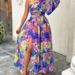 Lantern Sleeve One Shoulder High Slit Floral Maxi Dress
