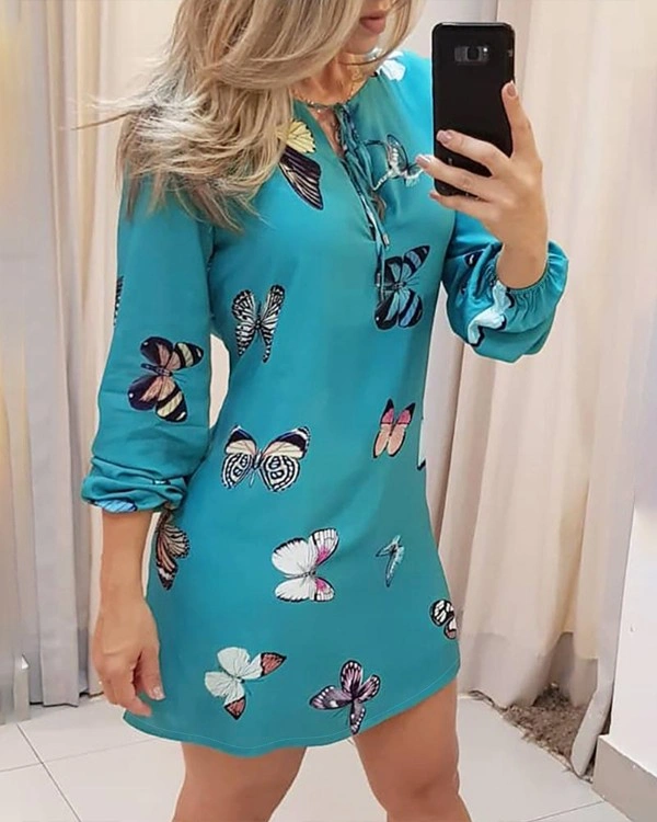 Butterfly Print Tie Front Long Sleeve Dress