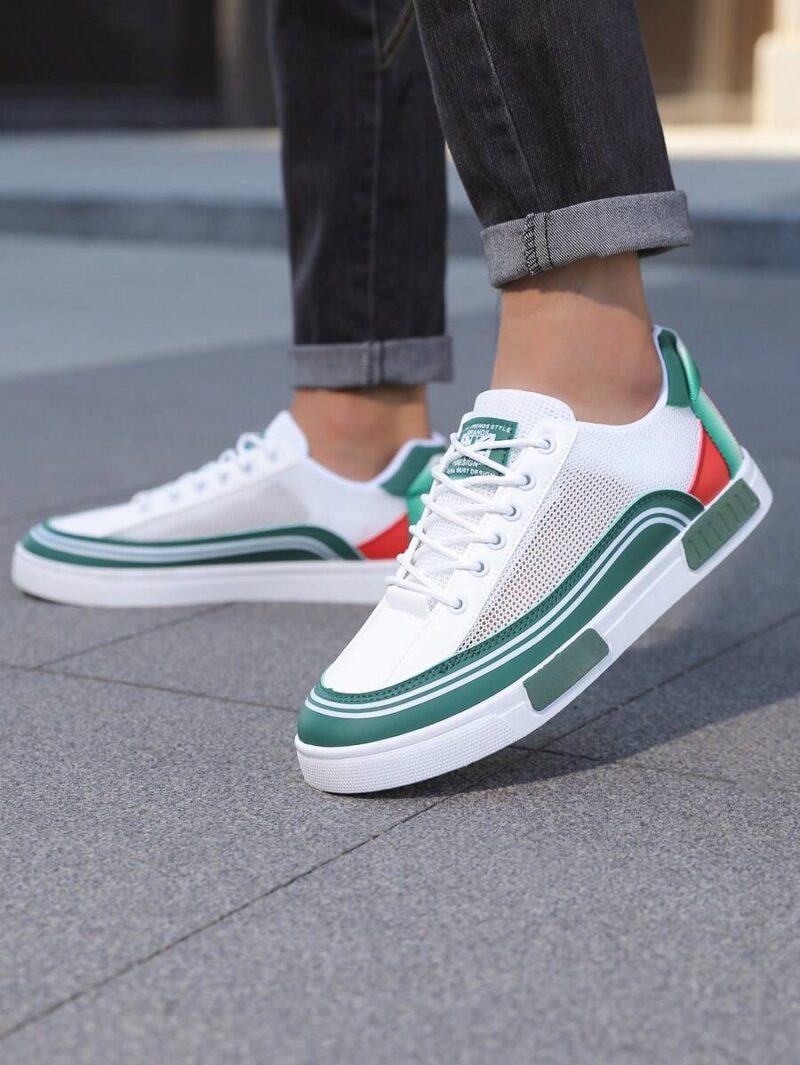 Men Striped Color Matching Skate Shoes Lace-Up Breathable Mesh Fabric Outdoor Hiking Student Campus Streetwear Jogging All Season Sports Sneakers