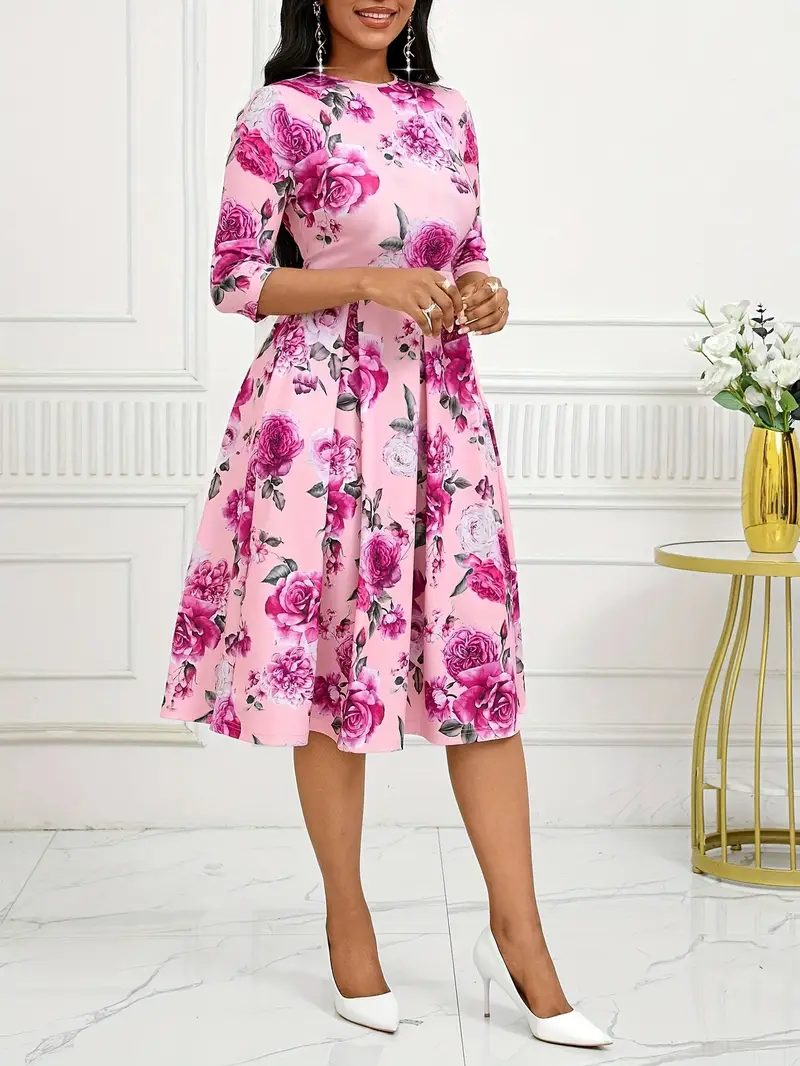 Women'S Elegant Floral Print Midi Dress with Short Sleeves