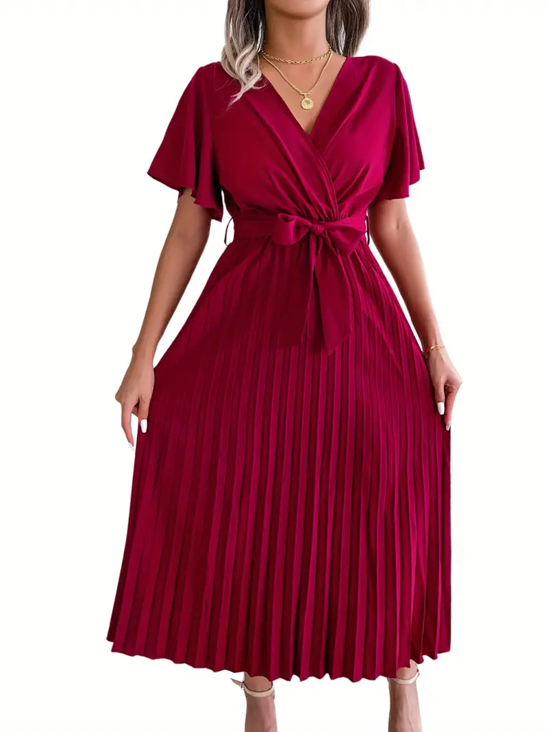 Women's Elegant V-Neck Short Sleeve Pleated Long Dress with Belt