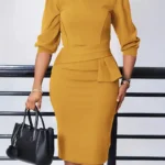Women's Elegant Fitted Office Dress - Round Neck Ruching Detail Pencil Skirt