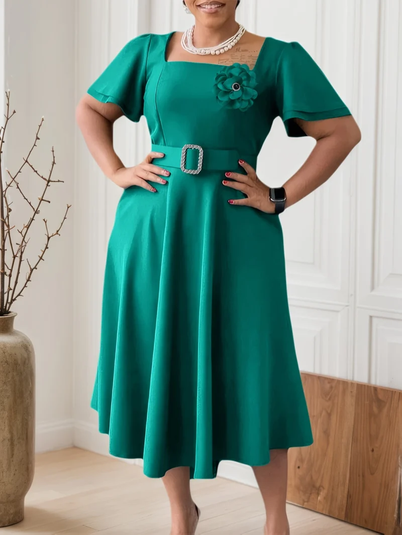 Sleeve High Waist Big Swing Skirt Mid-Length Dress