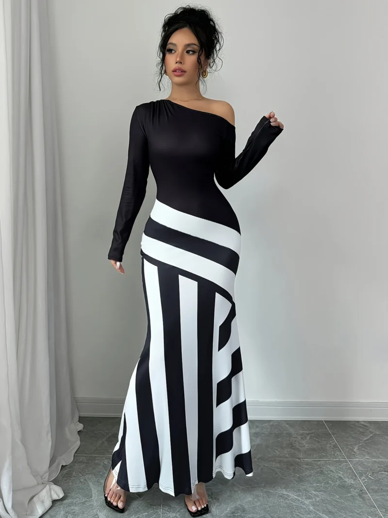 Off-Shoulder, Long Sleeve, Form-Fitting Striped Maxi Dress