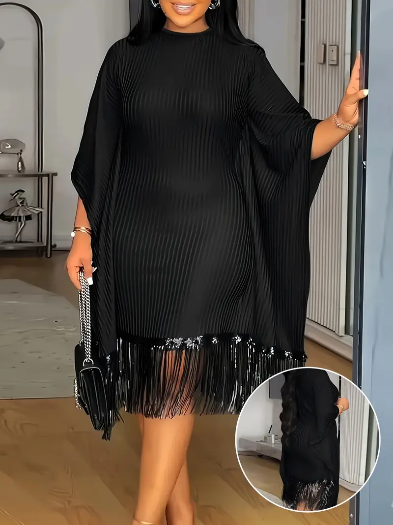Bat Sleeve Plus Size Tights Tassel Dress