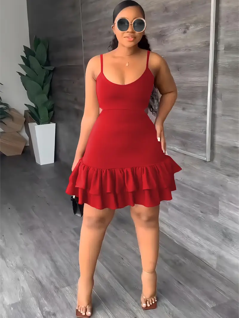 Sleeveless Solid Color Cami Dress, Layered Ruffle Hem Elegant Slim Cut Out Dress For Club & Party, Women's Clothing
